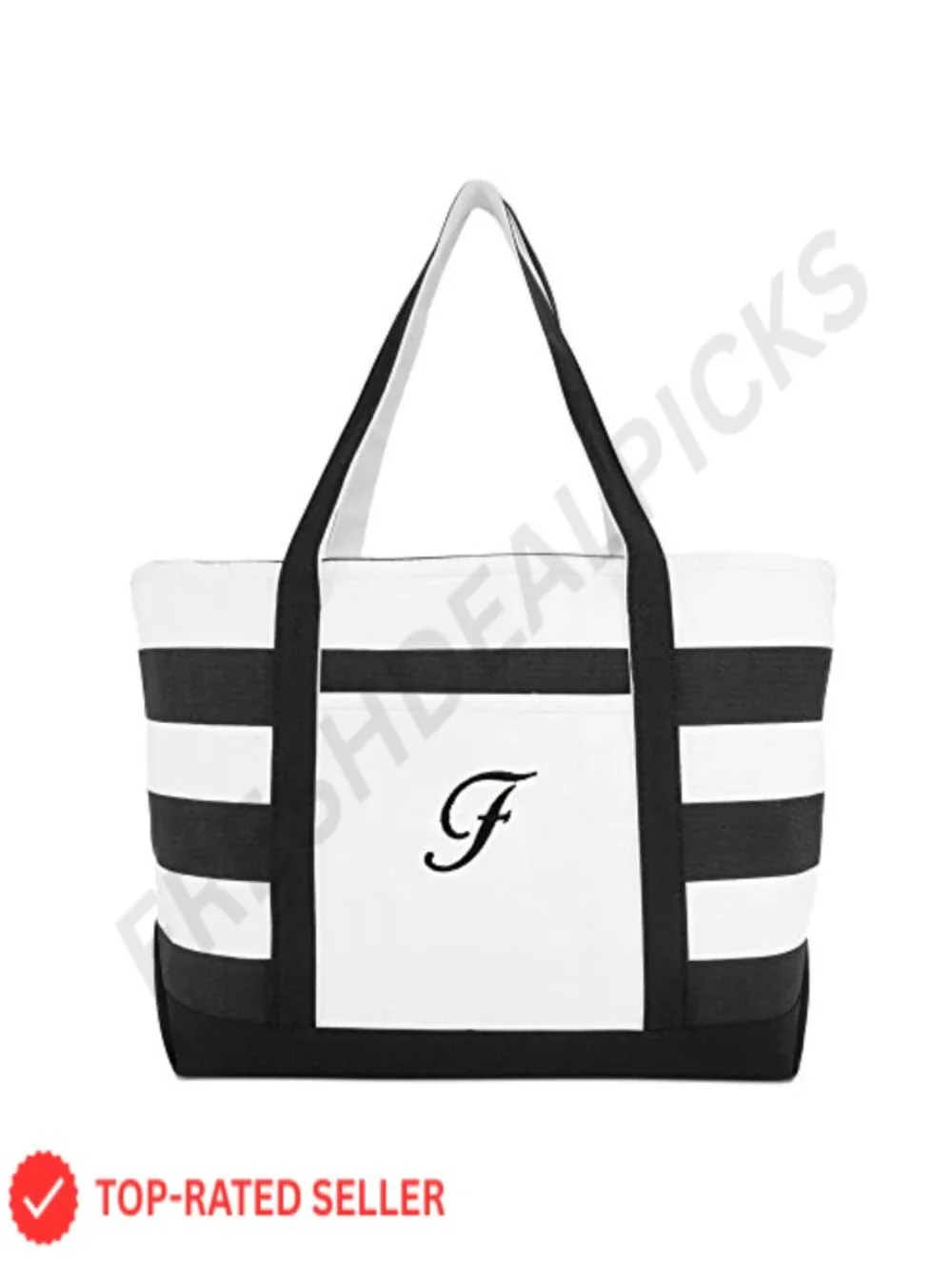 Cotton Canvas Striped Beach Tote with Embroidered Initial, Top Zipper, Front